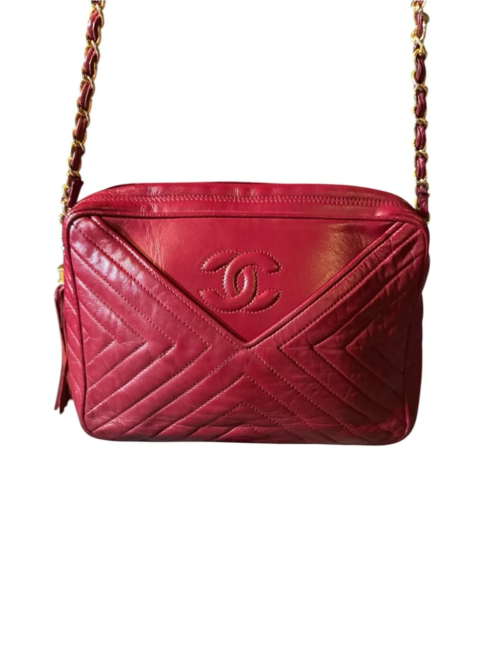 Vintage CHANEL Chevron Lambskin Tassel Camera Bag Red Gold HW 0-Series 1986-1988